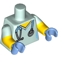 Visuel indicatif Rebrickable de Torse, double bras moulés, gommages hospitaliers avec motif imprimé stéthoscope bleu moyen, motif manches vert d’eau légères, bras jaunes, mains bleu moyen (Torso, Dual Molded Arms, Hospital Scrubs with Medium Blue Stethoscope Print, Light Aqua Sleeves Pattern, Yellow Arms, Medium Blue Hands)