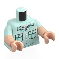 Torse, deux bras moulés, chemise, poches, logo jurassique parc sur le dos et l'épaule motif imprimé, motif de manches vert d’eau léger, bras et mains nougat clair (Torso, Dual Molded Arms, Shirt, Pockets, Jurassic Park Logo on Back and Shoulder Print, Light Aqua Sleeves Pattern, Light Nougat Arms and Hands)