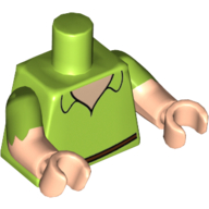 Visuel indicatif Rebrickable de Torse, double bras moulés, chemise, cou de nougat clair, motif : ceinture brun foncé, motif manches vert citron avec motif imprimé bords festonnés, bras et mains nougat clair (Torso, Dual Molded Arms, Shirt, Light Nougat Neck, Dark Brown Belt Print, Lime Sleeves Pattern with Scalloped Edges Print, Light Nougat Arms and Hands)