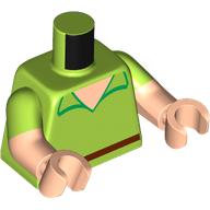 Torse, double bras moulés, chemise, cou de nougat clair, col vert vif, motif : ceinture brun rougeâtre, motif manches vert citron, bras et mains nougat clair (Torso, Dual Molded Arms, Shirt, Light Nougat Neck, Bright Green Collar, Reddish Brown Belt Print, Lime Sleeves Pattern, Light Nougat Arms and Hands)
