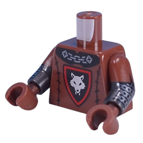 Torse, deux bras moulés, symbole Wolfpack, ceinture noire, motif imprimé cotte de mailles argentée avec motif de manches brun rougeâtre, bras titane nacré, mains brun rougeâtre (Torso, Dual Molded Arms, Wolfpack Symbol, Black belt, Silver Chainmail Print with Reddish Brown Sleeves Pattern, Pearl Titanium Arms, Reddish Brown Hands)