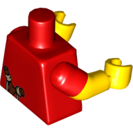 Visuel indicatif Rebrickable de Torse, deux bras moulés, fronde sur le dos motif imprimé, motif manches rouges, bras et mains jaunes (Torso, Dual Molded Arms, Slingshot on Back Print, Red Sleeves Pattern, Yellow Arms and Hands)