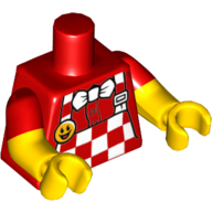 Torse, double bras moulés, tablier à damier et noeud papillon blanc, motif imprimé avec bouton sourire, motif manches rouges, bras et mains jaunes (Torso, Dual Molded Arms, Checkered Apron and White Bow Tie, Smile Button Print, Red Sleeves Pattern, Yellow Arms and Hands)