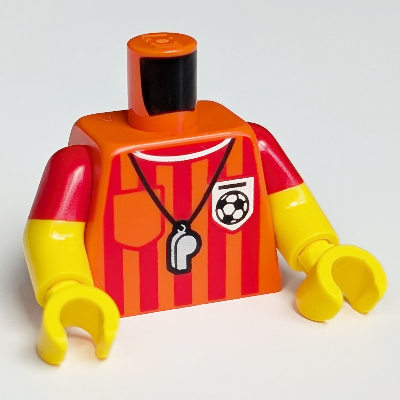 Visuel indicatif Rebrickable de Torse, double bras moulés, chemise d'arbitre, rayures rouges verticales, sifflet, ballon de football imprimé, motif manches rouges, bras et mains jaunes (Torso, Dual Molded Arms, Referee Shirt, Vertical Red Stripes, Whistle, Soccer Ball Print, Red Sleeves Pattern, Yellow Arms and Hands)