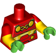 Torse, Bras moulés doubles, armure, Midriff jaune, extrémités de casquette vert avec motif imprimé de cercles d'or, motif manches rouges, bras jaunes, mains vert vif (Torso, Dual Molded Arms, Armor, Yellow Midriff, Green Cape Ends with Gold Circles Print, Red Sleeves Pattern, Yellow Arms, Bright Green Hands)