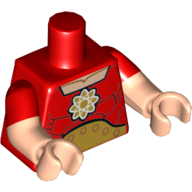 Torse, bras bimoulés, muscles, symbole atomique or et motif imprimé grande ceinture, motif : manches rouges, bras et mains nougat clair (Torso, Dual Molded Arms, Muscles, Gold Atomic Symbol and Large Belt Print, Red Sleeves Pattern, Light Nougat Arms and Hands)