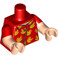 Torse, double bras moulés, chemise avec boutons, motif imprimé oiseaux jaunes, motif manches rouges, bras et mains nougat clair (Torso, Dual Molded Arms, Shirt with Buttons, Yellow Birds Print, Red Sleeves Pattern, Light Nougat Arms and Hands)