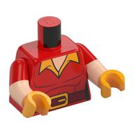 Torse, double bras moulés, tunique, ceinture rouge foncé, boucles de ceinture dorées, motif : col orange clair vif, motif manches rouges, bras nougat clair, mains orange clair vif (Torso, Dual Molded Arms, Tunic, Dark Red Belt, Gold Belt Buckles, Bright Light Orange Collar Print, Red Sleeves Pattern, Light Nougat Arms, Bright Light Orange Hands)