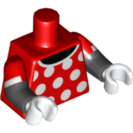 Torse, double bras moulés, haut robe avec col blanc et pois devant et dos motif imprimé, motif manches rouges, bras noirs, mains blanches (Torso, Dual Molded Arms, Dress Top with White Collar and Polka Dots Front and Back Print, Red Sleeves Pattern, Black Arms, White Hands)