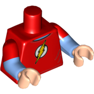 Torse, bras bimoulés, chemise avec éclair jaune, flash symbole motif imprimé, motif : manches rouges, bras bleu moyen, mains nougat clair (Torso, Dual Molded Arms, Shirt with Yellow Lightning Bolt, Flash Symbol Print, Red Sleeves Pattern, Medium Blue Arms, Light Nougat Hands)