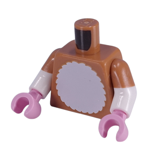 Torse, deux bras moulés, poitrine en fourrure blanche, motif imprimé queue, avec motif manches nougat moyen, bras blancs, mains rose vif (Torso, Dual Molded Arms, White Fur Chest, Tail Print, with Medium Nougat Sleeves Pattern, White Arms, Bright Pink Hands)