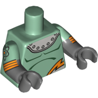 Torse, double bras moulés, armure avec rivets et motif imprimé orange éclair, motif manches vert sable, bras et mains gris bleuâtre foncé avec motif imprimé atome et rayures orange (Torso, Dual Molded Arms, Armor with Rivets and Orange Lightning Print, Sand Green Sleeves Pattern, Dark Bluish Gray Arms and Hands with Atom and Orange Stripes Print)