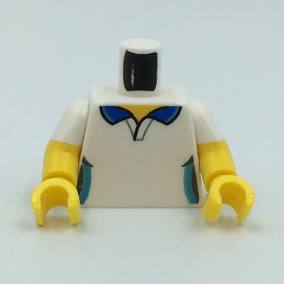 Visuel indicatif Rebrickable de Torse, Double bras moulés, chemise, col bleu foncé, motif imprimé turquoise foncé, motif manches blanches, bras et mains jaunes (Torso, Dual Molded Arms, Shirt, Dark Blue Collar, Dark Turquoise Sided Print, White Sleeves Pattern, Yellow Arms and Hands)