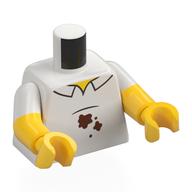 Visuel indicatif Rebrickable de Torse, Double bras moulés, chemise blanche, Taches marron rougeâtre motif imprimé, motif manches blanches, bras et mains jaunes (Torso, Dual Molded Arms, White Shirt, Reddish Brown Stains Print, White Sleeves Pattern, Yellow Arms and Hands)