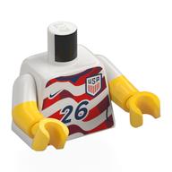 Visuel indicatif Rebrickable de Torse, bras bimoulés, chemise de football, rouge/rouge foncé rayures du drapeau ondulé, bleu foncé usa, nike logo, motif : inscription '26', motif : manches blanches, bras et mains jaunes (Torso, Dual Molded Arms, Football Shirt, Red/Dark Red Wavy Flag Stripes, Dark Blue USA, Nike Logo, '26' Print, White Sleeves Pattern, Yellow Arms and Hands)