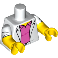 Torse, double bras moulés, veste sur motif imprimé polo rose foncé, motif manches blanches, bras et mains jaunes (Torso, Dual Molded Arms, Jacket over Dark Pink Polo Shirt Print, White Sleeves Pattern, Yellow Arms and Hands)