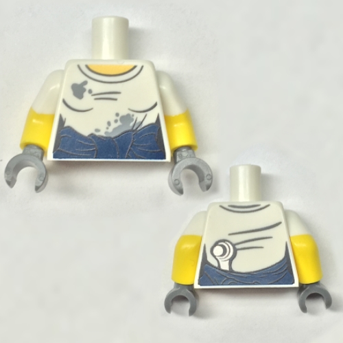 Torse, double bras moulés, chemise avec des taches grises, haut bleu foncé noué autour de la taille / clé au dos motif imprimé, motif manches blanches, bras jaunes, mains gris bleuté foncé (Torso, Dual Molded Arms, Shirt with Gray Splotches, Dark Blue Top Tied Around Waist / Wrench on Back Print, White Sleeves Pattern, Yellow Arms, Dark Bluish Gray Hands)