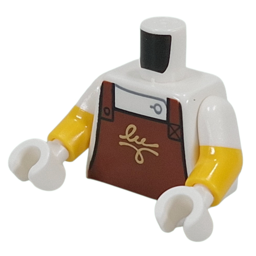 Torse, deux bras moulés, tablier brun rougeâtre, or griffonnage motif imprimé, motif manches blanches, bras jaunes, mains blanches (Torso, Dual Molded Arms, Reddish Brown Apron, Gold Scribbling Print, White Sleeves Pattern, Yellow Arms, White Hands)