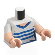 Visuel indicatif Rebrickable de Torse, double bras moulés, chemise, col bleu, motif : rayures, motif manches blanches, bras et mains nougat clair (Torso, Dual Molded Arms, Shirt, Blue Collar, Stripes Print, White Sleeves Pattern, Light Nougat Arms and Hands)