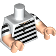 Torse, double bras moulés, maillot de bain noir et blanc motif imprimé rayures, motif manches blanches, bras et mains nougat clair (Torso, Dual Molded Arms, Swimming Suit Black and White Stripes Print, White Sleeves Pattern, Light Nougat Arms and Hands)