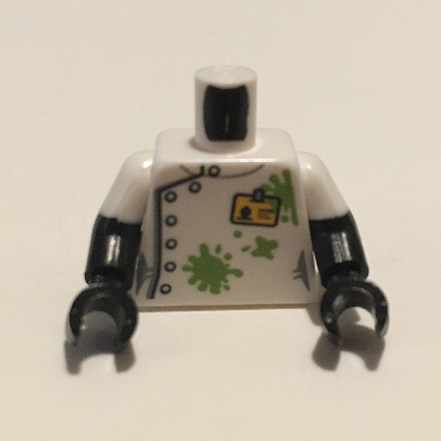 Visuel indicatif Rebrickable de Torse, double bras moulés, blouse de laboratoire, badge, taches de vert citron, motif imprimé doublure arrière, motif manches blanches, bras et mains noirs (Torso, Dual Molded Arms, Lab Coat, Badge, Lime Smudges, Back Lining Print, White Sleeves Pattern, Black Arms and Hands)