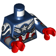Torse, Bras moulés doubles, Armure avec panneaux argentés et blancs et étoile, motif : rayures rouges, Motif manches blanches, bras bleu foncé, mains rouges (Torso, Dual Molded Arms, Armor with Silver and White Panels and Star, Red Stripes Print, White Sleeves Pattern, Dark Blue Arms, Red Hands)
