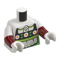 Visuel indicatif Rebrickable de Torse, Double bras moulés, robe noire, Tablier vert citron/vert brillant, Motif imprimé fleurs blanches/orange, Motif manches blanches, bras rouge foncé, mains blanches (Torso, Dual Molded Arms, Black Dress, Lime/Bright Green Apron, White/Orange Flowers Print, White Sleeves Pattern, Dark Red Arms, White Hands)