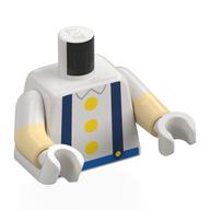 Torse, double bras moulés, bretelles bleu foncé, boutons jaunes, motif : ceinture bleue, motif manches blanches, bras beiges, mains blanches (Torso, Dual Molded Arms, Dark Blue Suspenders, Yellow Buttons, Blue Belt Print, White Sleeves Pattern, Tan Arms, White Hands)