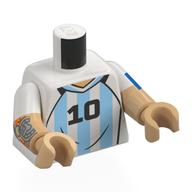 Torse, double bras moulés, chemise de football bleu clair blanc/brillant, noir '10' 'MESSI', bande bleue sur bras, motif imprimé tatouage, motif manches blanches, bras et mains beige chaud (Torso, Dual Molded Arms, White/Bright Light Blue Football Shirt, Black '10' 'MESSI', Blue Band on Arm, Tattoo Print, White Sleeves Pattern, Warm Tan Arms and Hands)