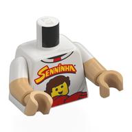 Torse, deux bras moulés, rouge/jaune 'SENNINHA', motif imprimé figurine, motif manches blanches, bras et mains beige chaud (Torso, Dual Molded Arms, Red/Yellow 'SENNINHA', Minifig Print, White Sleeves Pattern, Warm Tan Arms and Hands)