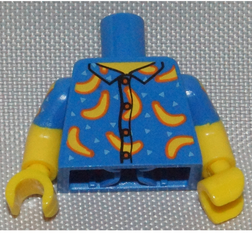Visuel indicatif Rebrickable de Torse, Bras moulés doubles, Chemise avec des bananes et Triangles bleu clair motif imprimé, motif manches bleues, bras et mains jaunes (Torso, Dual Molded Arms, Shirt with Bananas and Light Blue Triangles Print, Blue Sleeves Pattern, Yellow Arms and Hands)