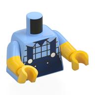 Torse, double bras moulés, salopette bleu foncé, motif imprimé chemise à carreaux, motif manches bleu clair lumineux, bras et mains jaunes (Torso, Dual Molded Arms, Dark Blue Overalls, Plaid Shirt Print, Bright Light Blue Sleeves Pattern, Yellow Arms and Hands)