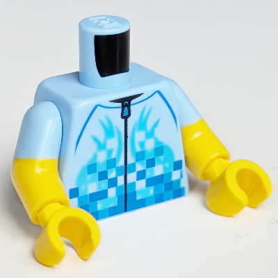 Visuel indicatif Rebrickable de Torse, bras bimoulés, veste de sport, fermeture éclair, motif : décorations azur moyen et bleues, motif : manches bleu clair vif, bras et mains jaunes (Torso, Dual Molded Arms, Sports Jacket, Zipper, Medium Azure and Blue Decorations Print, Bright Light Blue Sleeves Pattern, Yellow Arms and Hands)
