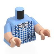 Torse, double bras moulés, robe à carreaux bleu, bretelles, motif : chemise blanche, motif manches bleu clair vif, bras et mains nougat clair (Torso, Dual Molded Arms, Blue Plaid Dress, Straps, White Shirt Print, Bright Light Blue Sleeves Pattern, Light Nougat Arms and Hands)