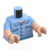 Torse, double bras moulés, chemise, boutons, poches, motif imprimé turquoise foncé, motif manches bleu clair lumineux, bras et mains nougat clair (Torso, Dual Molded Arms, Shirt, Buttons, Pockets, Dark Turquoise Trim Print, Bright Light Blue Sleeves Pattern, Light Nougat Arms and Hands)