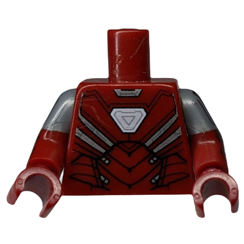 Visuel indicatif Rebrickable de Torse, double bras moulés, armure, imprimé arc réacteur (centurion argent), manches plates argentées, bras et mains rouge foncé (Torso, Dual Molded Arms, Armor, Arc Reactor Print (Silver Centurion), Flat Silver Sleeves Pattern, Dark Red Arms and Hands)
