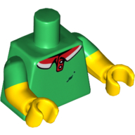 Torse, double bras moulé, polo avec col rouge et blanc, motif imprimé taches de sauce pizza, motif manches vertes, bras et mains jaunes (Torso, Dual Molded Arms, Polo Shirt with Red and White Collar, Pizza Sauce Stains Print, Green Sleeves Pattern, Yellow Arms and Hands)