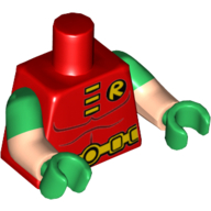 Torse, Double bras moulés, Muscles, Symbole 'R', 3 fermoirs jaunes, motif : ceinture, Motif manches vertes, bras nougat clair, mains vertes (Torso, Dual Molded Arms, Muscles, 'R' Symbol, 3 Yellow Clasps, Belt Print, Green Sleeves Pattern, Light Nougat Arms, Green Hands)