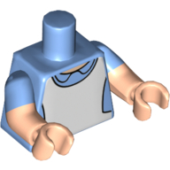 Torse, double bras moulés, robe avec col et motif imprimé pinafore blanc / tablier, motif manches bleu moyen, bras et mains nougat clair (Torso, Dual Molded Arms, Dress with Collar and White Pinafore / Apron Print, Medium Blue Sleeves Pattern, Light Nougat Arms and Hands)