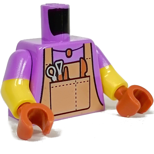 Torse, deux bras moulés, Tablier beige foncé, Poterie Outils motif imprimé, patron de manches lavande moyen, bras jaunes, mains orange foncé (Torso, Dual Molded Arms, Dark Tan Apron, Pottering Tools Print, Medium Lavender Sleeves Pattern, Yellow Arms, Dark Orange Hands)