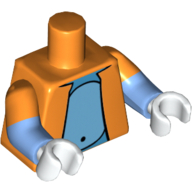 Visuel indicatif Rebrickable de Torse, bras bimoulés, veste, ouvert avec motif imprimé ventre gris, motif : manches orange, bras bleu moyen, mains blanches (Torso, Dual Molded Arms, Jacket, Open with Gray Belly Print, Orange Sleeves Pattern, Medium Blue Arms, White Hands)