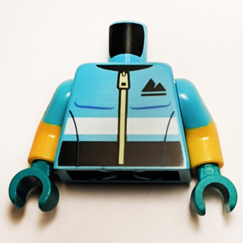 Torse, double bras moulés, veste de sport, fermeture à glissière, motif imprimé de montagnes noires avec motif de manches azur moyen, bras jaunes, mains turquoise foncé (Torso, Dual Molded Arms, Sports Jacket, Zipper, Black Mountains Print with Medium Azure Sleeves Pattern, Yellow Arms, Dark Turquoise Hands)