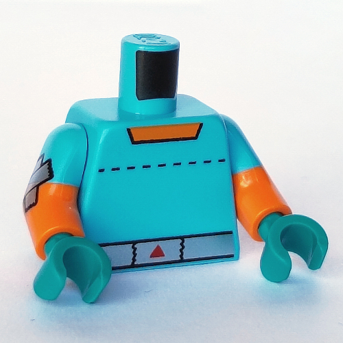 Torse, double bras moulés, ceinture argentée avec motif imprimé triangle rouge, motif manches moyen azur, bras orange avec bouton marche / arrêt imprimé, mains turquoise foncé (Torso, Dual Molded Arms, Silver Belt with Red Triangle Print, Medium Azure Sleeves Pattern, Orange Arms with On/Off Switch Print, Dark Turquoise Hands)