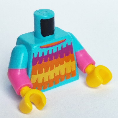 Visuel indicatif Rebrickable de Torse, bras bimoulés, magenta, décorations jaune orangé motif imprimé, motif : manches azur moyen, bras rose foncé, mains jaunes (Torso, Dual Molded Arms, Magenta, Orange Yellow Decorations Print, Medium Azure Sleeves Pattern, Dark Pink Arms, Yellow Hands)