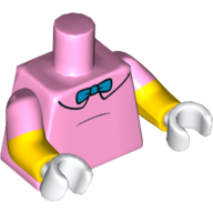 Visuel indicatif Rebrickable de Torse, Bras moulés doubles, Chemise avec contour col noir et motif imprimé noeud papillon bleu, Motif manches rose vif, bras jaunes, mains blanches (Torso, Dual Molded Arms, Shirt with Black Collar Outline and Blue Bow Tie Print, Bright Pink Sleeves Pattern, Yellow Arms, White Hands)