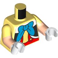 Visuel indicatif Rebrickable de Torse, double bras moulés, chemise blanche et noire, pantalon rouge, motif : nœud papillon bleu, motif manches jaune clair vif, bras nougat clair, mains blanches (Torso, Dual Molded Arms, White/Black Shirt, Red Pants, Blue Bow Tie Print, Bright Light Yellow Sleeves Pattern, Light Nougat Arms, White Hands)