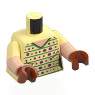 Torse, double bras moulés, col en V, rayures vertes, motif imprimé à points magenta, motif manches jaune clair vif, bras nougat clair, mains orange foncé (Torso, Dual Molded Arms, V-Neck, Green Stripes, Magenta Dots Print, Bright Light Yellow Sleeves Pattern, Light Nougat Arms, Dark Orange Hands)