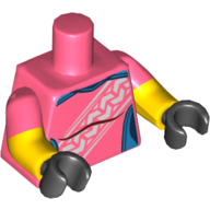 Torse, deux bras moulés, panneaux azur foncé et motif imprimé à rayures blanches, motif manches corail, bras jaunes avec motif imprimé bandage, mains noires (Torso, Dual Molded Arms, Dark Azure Panels and White Stripe Print, Coral Sleeves Pattern, Yellow Arms with Bandage Print, Black Hands)