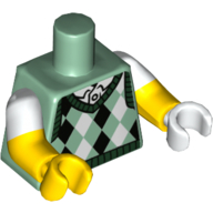 Visuel indicatif Rebrickable de Torse, étrange double bras moulés, gilet de chandail d'argyle motif imprimé blanc et vert foncé, bras jaunes, main gauche blanche, main droite jaune (Torso, Odd Dual Molded Arms, Argyle Sweater Vest White and Dark Green Print, Yellow Arms, Left White Hand, Right Yellow Hand)