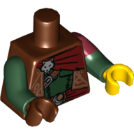 Visuel indicatif Rebrickable de Torse, étrange double bras moulés, gilet orné, ceinture, motif imprimé tête de renard argenté, gauche motif manches rouge foncé, bras vert foncé, main gauche jaune, main droite brun rougeâtre (Torso, Odd Dual Molded Arms, Vest Ornate, Sash, Silver Fox Head Print, Left Dark Red Sleeve Pattern, Dark Green Arms, Left Yellow Hand, Right Reddish Brown Hand)